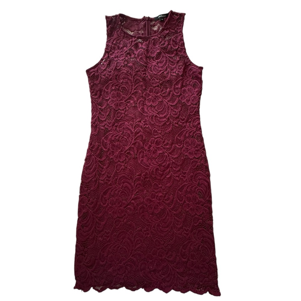 Mini Sleeveless Lace Sheath Dress in Wine Crew Neckline Zip Up Size M Ambience